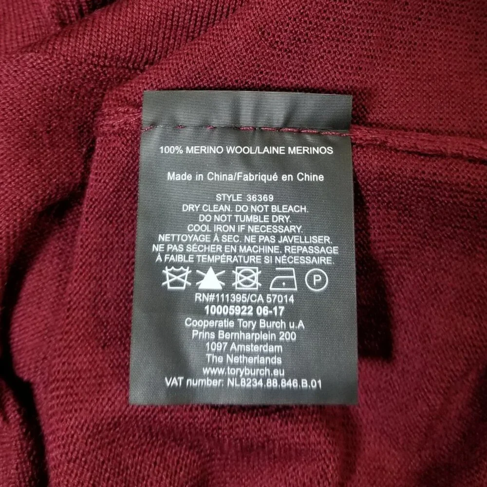 NWT Tory Burch Madeline 100% Merino Wool Cardigan Garnet Red‎ Logo Button XS